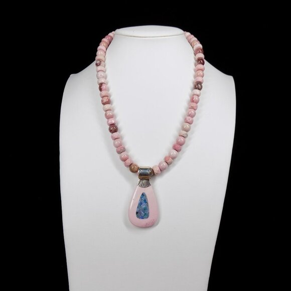 Jay King DTR Pink Opal Bead Necklace Australian Opal Inlay on Pink Opal Pendant - Picture 2 of 11